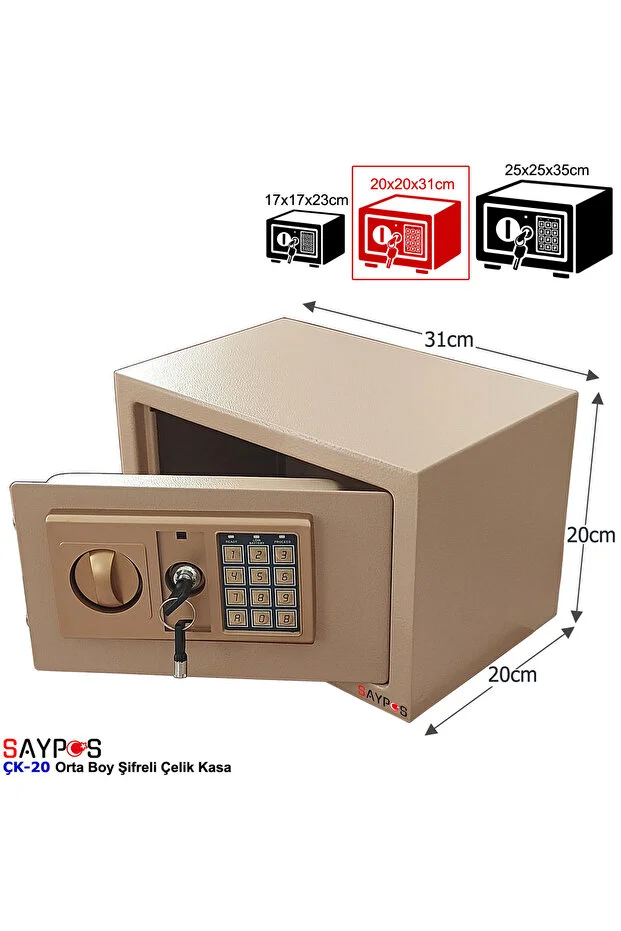 Şık Tasarımlı 2ocm'lik Şifreli Çelik Kasa, Elektronik Tuşlu Değerli Eşya ve Para Kasası 31x20x20cm